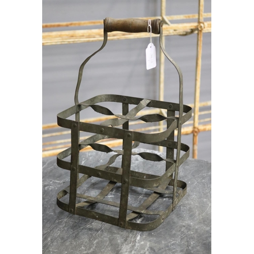 1307 - Vintage French gal metal bottle carrier with wooden handle, approx 35cm H x 21cm sq