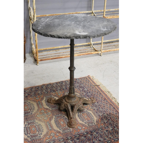 1319 - Antique French bistro table with black slate top & cast iron base, approx 73cm H x 60cm dia