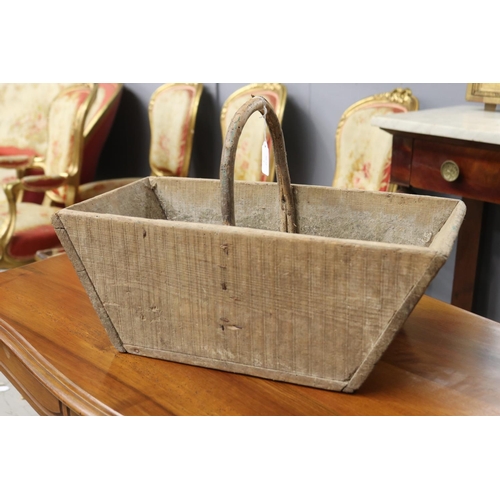 1328 - Old French wooden pickers basket with grape vine handle, approx 33cm H x 51cm W x 26cm D