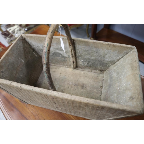 1328 - Old French wooden pickers basket with grape vine handle, approx 33cm H x 51cm W x 26cm D