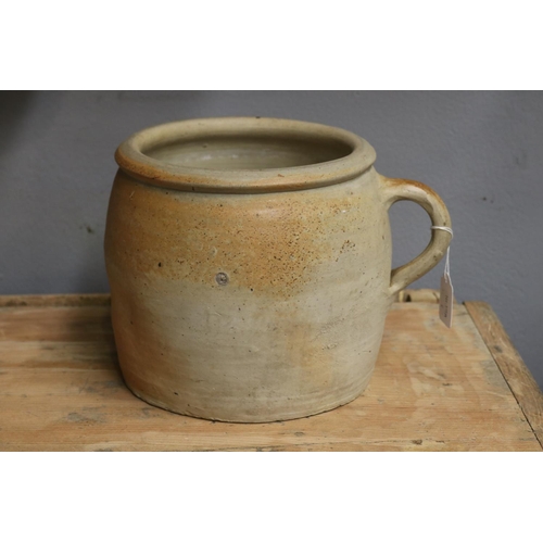 1341 - Vintage French stoneware confit pot with single handle, approx 20cm H x 23cm dia (excluding handle)