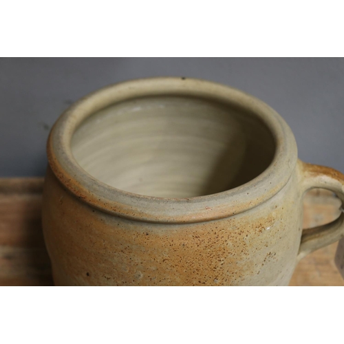 1341 - Vintage French stoneware confit pot with single handle, approx 20cm H x 23cm dia (excluding handle)