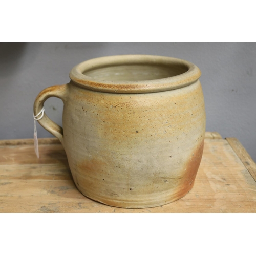 1341 - Vintage French stoneware confit pot with single handle, approx 20cm H x 23cm dia (excluding handle)