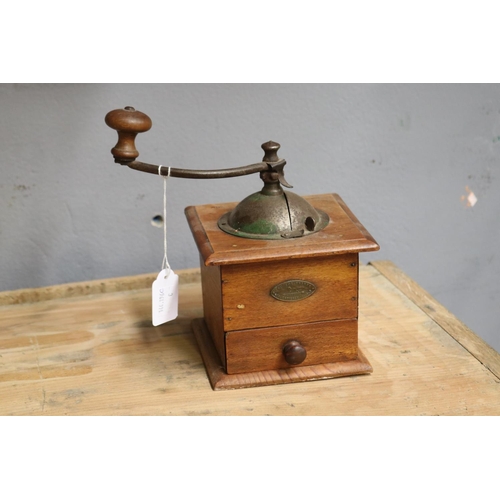 1342 - Old French Peugeot coffee grinder, approx 18cm H x 13cm sq (excluding handle)