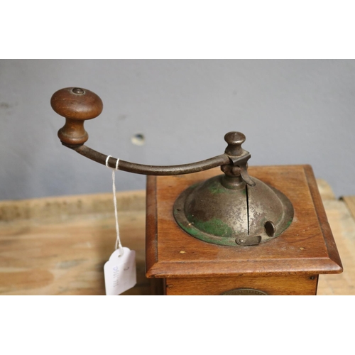 1342 - Old French Peugeot coffee grinder, approx 18cm H x 13cm sq (excluding handle)