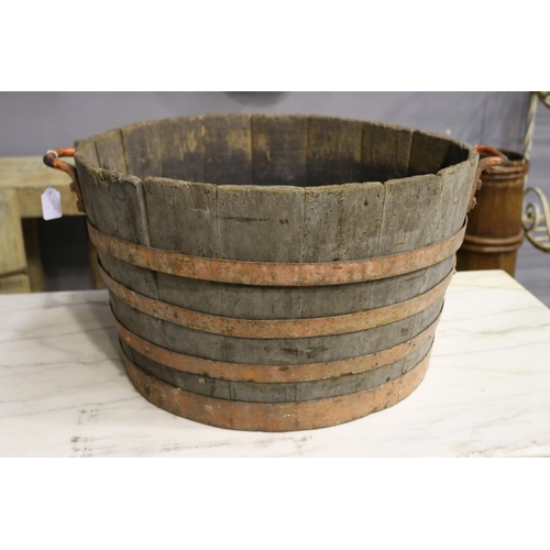 1351 - Old French rustic twin handled barrel bucket, with metal banding, approx 33cm H x 54cm dia (excludin... 