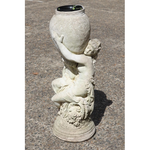 1355 - Composite stone garden planter statue of a woman and urn, approx 69cm H x 22cm dia
