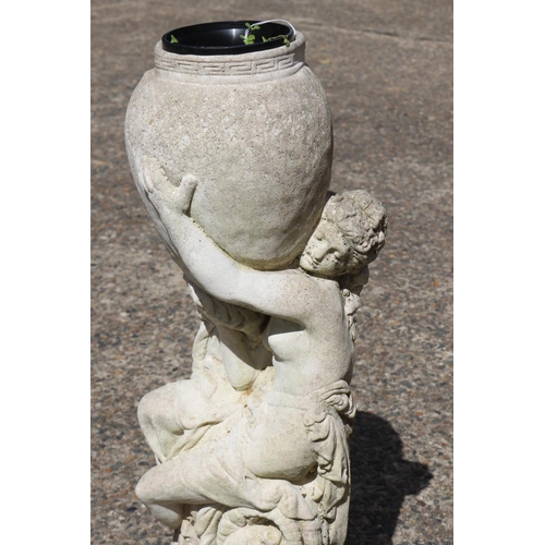 1355 - Composite stone garden planter statue of a woman and urn, approx 69cm H x 22cm dia