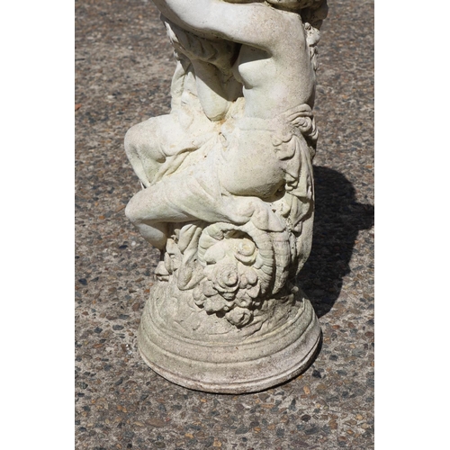 1355 - Composite stone garden planter statue of a woman and urn, approx 69cm H x 22cm dia