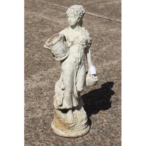 1357 - Composite stone female picker figure with basket, approx 69cm H x 30cm W x 21cm D