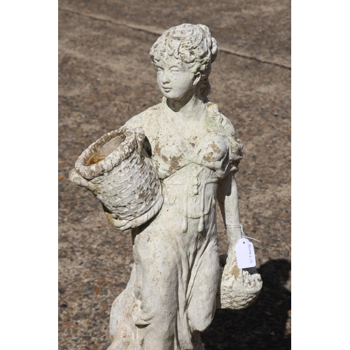 1357 - Composite stone female picker figure with basket, approx 69cm H x 30cm W x 21cm D