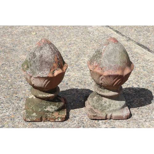 1358 - Pair of terracotta finials, each approx 44cm H x 25cm W x 20cm D (2)