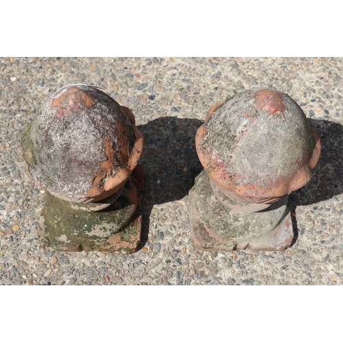 1358 - Pair of terracotta finials, each approx 44cm H x 25cm W x 20cm D (2)