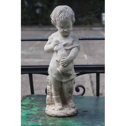 1360 - Composite stone statue of a little girl & bunny, approx 34cm H x 12cm dia