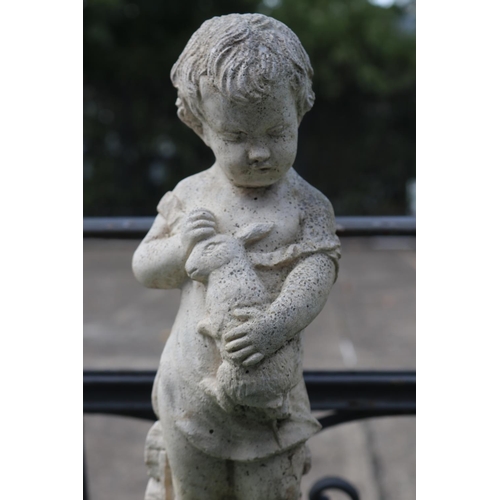 1360 - Composite stone statue of a little girl & bunny, approx 34cm H x 12cm dia