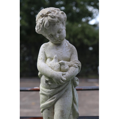 1361 - Composite stone statue of a little girl with doves, approx 46cm H x 17cm W x 21cm D
