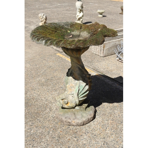 1363 - Composite stone shell form bird bath with dolphin support, approx 87cm H x 76cm W x 70cm D