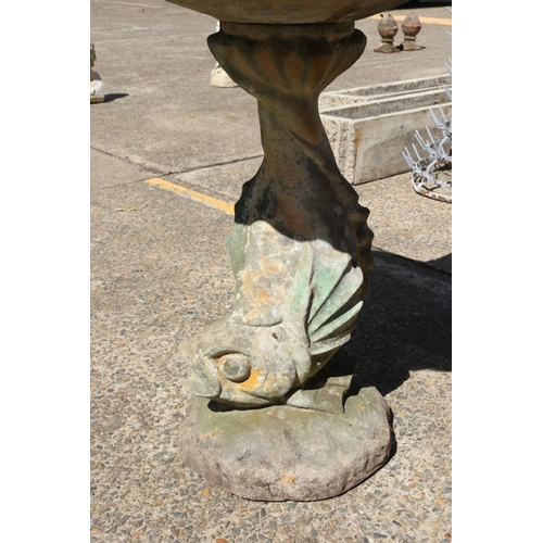 1363 - Composite stone shell form bird bath with dolphin support, approx 87cm H x 76cm W x 70cm D