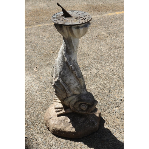 1364 - Composite stone dolphin support pedestal with matched sundial, approx 82cm H x 42cm dia