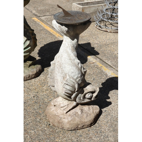 1364 - Composite stone dolphin support pedestal with matched sundial, approx 82cm H x 42cm dia