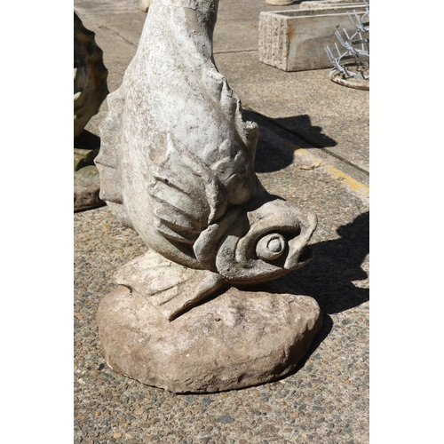 1364 - Composite stone dolphin support pedestal with matched sundial, approx 82cm H x 42cm dia