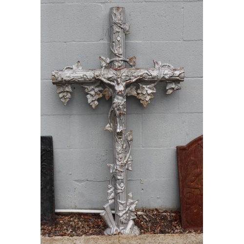 1367 - Antique French cast iron cross, Jesus, approx 121cm H x 68cm W