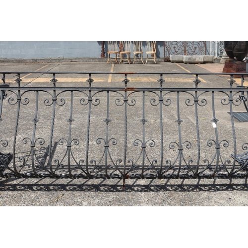 433 - Most impressive antique French iron balcony, scrolling leaf caps to either end, approx 93cm H x 269c... 