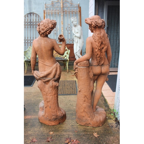 438 - Large antique French terracotta garden statues, male and female figures representing Harvest Wine, e... 