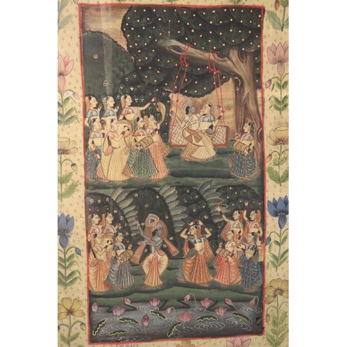 1040 - Old traditional Indian painted cloth panel, showing scenes of dancing & celebration, approx 182cm H ... 