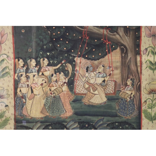 1040 - Old traditional Indian painted cloth panel, showing scenes of dancing & celebration, approx 182cm H ... 