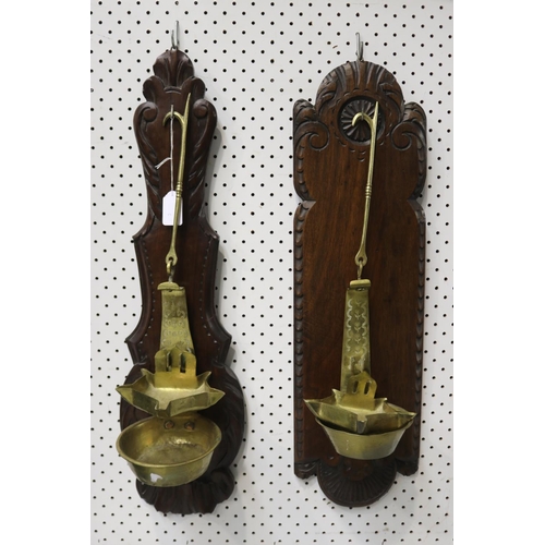 1049 - Matched pair of antique French brass whale oil lamps mounted to wooden backboards, approx 64cm H x 1... 