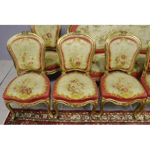1062 - Impressive Antique 19th century French Louis XV nine piece lounge suite, gilt wood with Aubusson uph... 