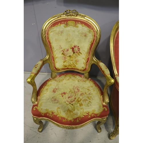 1062 - Impressive Antique 19th century French Louis XV nine piece lounge suite, gilt wood with Aubusson uph... 