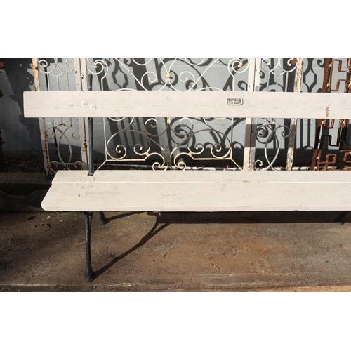 1069 - French wrought iron & wood bench, mounted with plaque which reads Chappee Le Mans, approx 201cm L x ... 