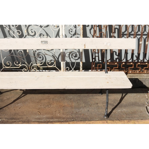 1069 - French wrought iron & wood bench, mounted with plaque which reads Chappee Le Mans, approx 201cm L x ... 