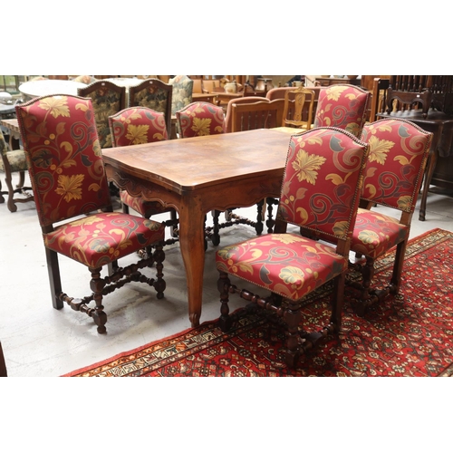 1071 - Set of six antique French dining chairs, all with turned cross stretcher bases, nicely upholstered, ... 