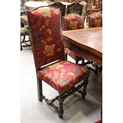 1071 - Set of six antique French dining chairs, all with turned cross stretcher bases, nicely upholstered, ... 
