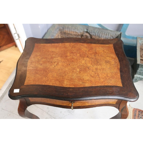 1133 - Antique French rosewood and burr walnut paneled work table, pull out lower sewing box, approx 59cm L... 