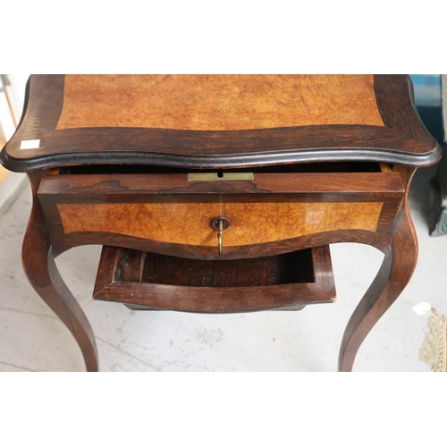 1133 - Antique French rosewood and burr walnut paneled work table, pull out lower sewing box, approx 59cm L... 