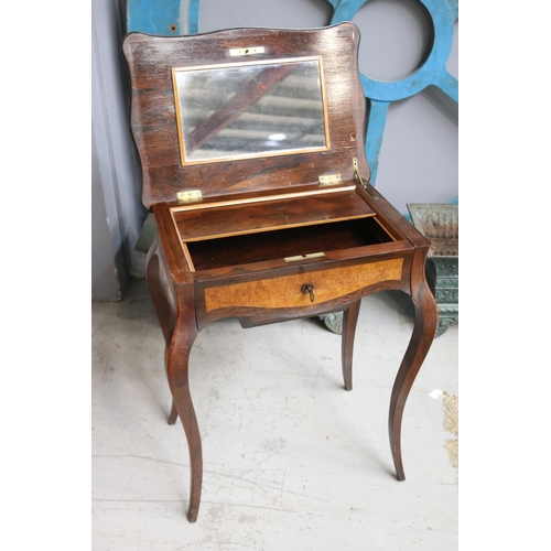 1133 - Antique French rosewood and burr walnut paneled work table, pull out lower sewing box, approx 59cm L... 