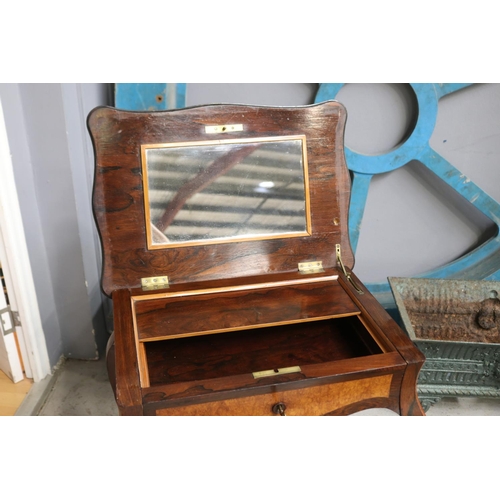 1133 - Antique French rosewood and burr walnut paneled work table, pull out lower sewing box, approx 59cm L... 