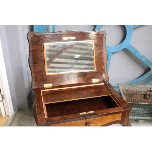 1133 - Antique French rosewood and burr walnut paneled work table, pull out lower sewing box, approx 59cm L... 