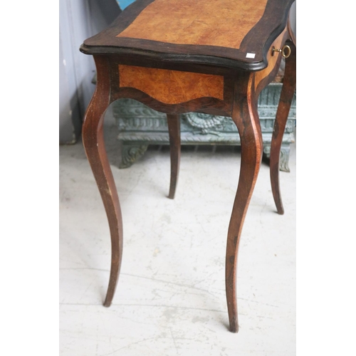 1133 - Antique French rosewood and burr walnut paneled work table, pull out lower sewing box, approx 59cm L... 