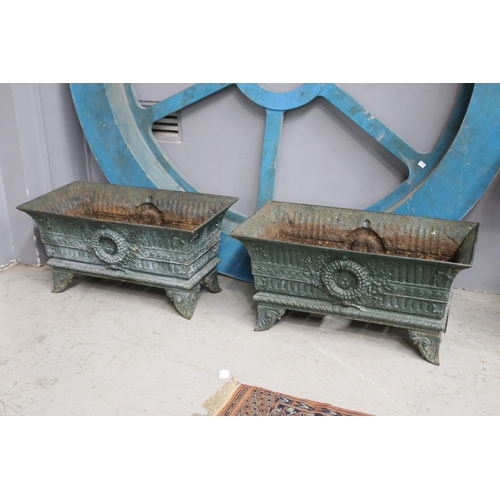 1139 - Pair of antique French Napoleon III iron jardinieres, one leg replaced, approx 36cm H x 73cm L x 37c... 