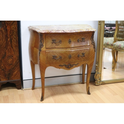 1186 - Vintage French Louis XV style marble topped parquetry commode, approx 80cm L x 40cm W x 84cm H