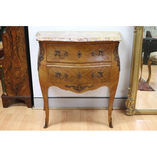 1186 - Vintage French Louis XV style marble topped parquetry commode, approx 80cm L x 40cm W x 84cm H