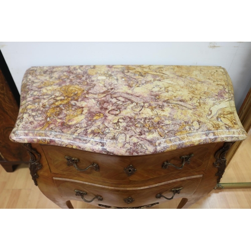 1186 - Vintage French Louis XV style marble topped parquetry commode, approx 80cm L x 40cm W x 84cm H