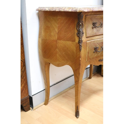 1186 - Vintage French Louis XV style marble topped parquetry commode, approx 80cm L x 40cm W x 84cm H