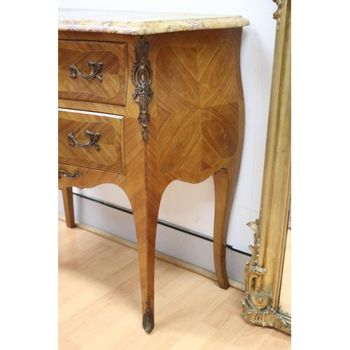 1186 - Vintage French Louis XV style marble topped parquetry commode, approx 80cm L x 40cm W x 84cm H