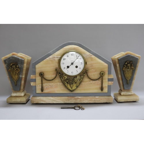 1205 - French Art Deco onyx & marble mantle clock & garnitures, has key, pendulum and pin for pendulum (for... 